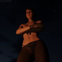 3d brown_hair brown_hair_female campfire medium_ass metal_gear_solid night night_sky ponytail ponytail_female posing quiet_(metal_gear) romantic romantic_ambiance romantic_night stefanie_joosten stumpie