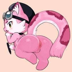 absurdres animalization anus arrivedcold ass beret female furry furry_female goggles goggles_on_head hat highres holding holding_stylus hololive hololive_english pink_fur pussy raora_panthera raora_panthera_(panther) solo stylus virtual_youtuber yellow_eyes