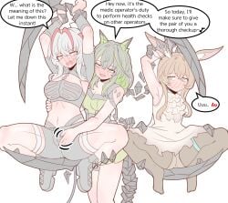 2girls amiya_(arknights) arknights blush bound fingering fingering_through_clothes implied_futanari mon3tr_(arknights) physisyoon text w_(arknights)