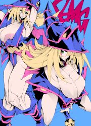 alternate_version_at_source alternate_version_available areola_slip areolae bare_shoulders big_breasts big_butt blonde_female blonde_hair blush boots breasts breasts_bigger_than_head cleavage color_edit colored dark_magician_girl duel_monster female female_focus female_only green_eyes hair_between_eyes hat holding huge_breasts large_breasts light_skin long_hair looking_at_viewer lurking_judgement nipple_slip nipples no_bra open_mouth pobotto self_upload smile solo solo_female solo_focus wardrobe_malfunction yu-gi-oh!