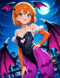 2025 4kids_entertainment ai_generated anime capcom city_background cosplay cosplayer darkstalkers deviantart elryusam green_eyes hand_on_hip hand_on_leg kasumi_(pokemon) meta morrigan_aensland morrigan_aensland_(cosplay) nintendo not_porn orange_cheeks orange_eyebrows orange_hair_female pokemon red_lipstick