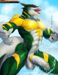 abs alternate_species anthro balls caesar claws dinosaur dragon erection flaccid franubis genitals glans hi_res humanoid_genitalia humanoid_penis male muscular muscular_male mythological_creature mythological_scalie mythology nude nude_anthro nude_male pecs penis power_rangers prehistoric_species red_eyes reptile scalie solo tail tommy_oliver tongue water wet