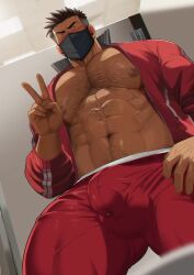 1boy abs absol_(dkqthf) balls_under_clothes bara bare_breasts beefy big_areola big_breasts big_bulge big_penis black_hair blurry_foreground blush breasts broad_shoulders brown_hair bulge bulge_through_clothing ceiling ceiling_light chest_hair covered_mouth daddy depth_of_field dilf eight_pack filming flaccid freaky frown gay genital_outline gesture hairy half-erect happy_trail hi_res huge_breasts huge_cock hunk indoors jacket jacket_open legs_apart looking_at_viewer male male_breasts male_only manly maou_abusorun mask mature_male muscles muscular muscular_legs muscular_male muscular_thighs narrowed_eyes navel oppai original original_character p.e._teacher peace_sign pecs precum precum_drip precum_on_penis quadriceps sanpaku short_hair six_pack small_pupils solo spiky_hair standing surgical_mask teacher thick_eyebrows thick_neck thick_penis tight_clothing toilet tough_guy v-shaped_eyebrows yaoi