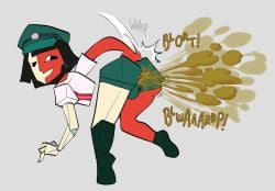 1boy 2020s 2025 ass balls ballsack bent_over big_butt black_eyes black_hair brown_fart butt_focus butt_slap commissioner_upload ena_(dream_bbq) ena_dream_bbq fart fart_cloud fart_fetish farting flat_colors ftm_crossgender genderswap_(ftm) green_clothing green_hat green_shorts joel_g male male_fart male_farting male_only onomatopoeia polygonal red_body rule_63 short_hair simple_background suspenders two_tone_body white_background white_body white_clothing white_shirt