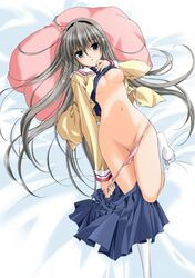 bed breasts censored clannad clothing kick kicking lying panties panty_pull pussy sakagami_tomoyo school_uniform serafuku shiino_yui shirt shirt_lift skirt skirt_lift small_breasts underwear