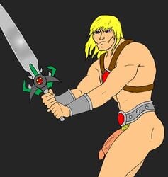 1boy blonde_hair blue_eyes bracers circumcised harness he_man holding_weapon long_hair long_penis male male_only masters_of_the_universe nude pubic_hair side_view solo sword tagme tranetrax veiny_penis weapon