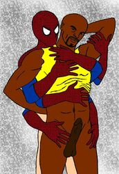 african african_male avengers dark-skinned_male dark_skin gay interracial luke_cage male male_only marvel melanin multiple_males muscles muscular muscular_male peter_parker spider-man spider-man_(series) straight_hair tranetrax visible_penis_shape yaoi