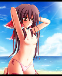 1girls 5:6 armpits arms_up bikini bikini_bottom blush bow brown_eyes brown_hair casual_topless female female_only flat_chest hair_ribbon hairbow hands_behind_head human long_hair nipples paheal public_topless red_eyes reimu_hakurei ribbon side-tie_bikini small_nipples solo swimsuit topless touhou uncensored uncensored_breasts yuzin