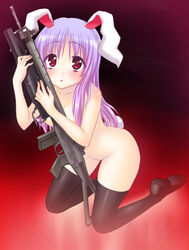 black_legwear black_thighhighs bunny_ear bunny_tail gun long_hair nude purple_hair red_eyes reisen_udongein_inaba saki_chisuzu sakichi_suzu shoes tail thighhighs touhou weapon