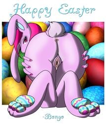 all_fours anus apple_butt ass ass_grab bent_over bongo bunny easter easter_bunny egg furry looking_back nail_polish pawpads paws purple_eyes purple_hair pussy tail uncensored