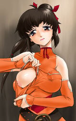 artist_request belt black_hair elbow_gloves female final_fantasy final_fantasy_unlimited gloves head_tilt lisa_pacifist long_hair nipples red_eyes solo sweat torn_clothes