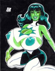 2d dc dc_comics female female_only green-skinned_female green_eyes green_hair green_lips green_skin hyper_breasts jade_(dc) jennifer-lynn_hayden nipples rob_durham solo tagme uncensored