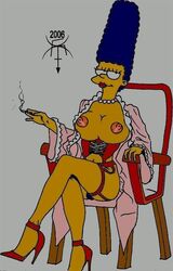 blue_hair breasts cigarette color crossed_legs female female_only front_view high_heels human marge_simpson matt_groening_(style) nipples sitting solo tagme the_fear the_simpsons toony yellow_skin