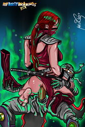 1girls 2d abs anal anal_grip anal_sex ass aura barefoot black_hair brunette clothed_sex cowgirl_position ermac eyelashes eyeliner eyeshadow female fringe glow high_heels katana kunoichi loincloth long_hair looking_back mask mavruda mortal_kombat mortal_kombat_(2011) naughty_face netherrealm_studios ninja no_panties orange_eyes penis ponytail red_eyes red_eyeshadow red_hair red_lipstick seductive_eyes sex shoulder_pads skarlet skarlet_(mk9) slim thigh_boots tied_hair twerking unseen_male_face white_eyes