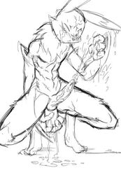 anthro cum digimon front_view fur furry l1zardman male male_only monochrome nude penis renamon sketch solo squatting tagme