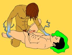 2boys abs anal anal_penetration anal_sex black_hair brown_hair closed_eyes erection gay hellion_(x-men) hidden_face holding_penis legs_held_open lightning male male_only marvel missionary_position multiple_males nude pecs receiving_on_back runaways sex spread_legs straight_hair tranetrax victor_mancha x-men yaoi yellow_background