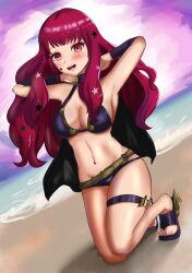 1girls alternate_costume bangs beach bikini breasts cape cleavage facial_tattoo female female_only fire_emblem fire_emblem_engage hair_ornament large_breasts long_hair nintendo ocean one_knee outdoors purple_bikini purple_swimsuit red_eyes red_hair sand solo star swimsuit tattoo violet_hair yunaka_(fire_emblem) zipperqr