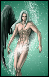 1boy abs artist_request artist_signature censored closed_eyes final_fantasy final_fantasy_vii floating long_hair male male_focus male_only muscles muscular muscular_male naked nude sephiroth solo solo_focus white_hair wing