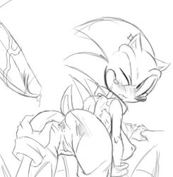 anus ass bent_over breasts female greyscale hedgehog l1zardman looking_back male monochrome penis precum pussy raised_tail rule_63 sketch sonic_(series) sonic_the_hedgehog tail vulva wink