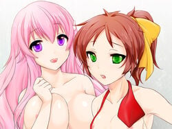 2girls baka_to_test_to_shoukanjuu blush breasts brown_hair female female_only highres himeji_mizuki long_hair nipples pink_hair shimada_minami