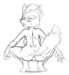 anthro ass back_view backboob barefoot blush breasts female female_only fur furry furry_ass furry_ears furry_tail greyscale hair l1zardman looking_back monochrome nintendo nude open_eyes open_mouth pointy_ears raised_tail rule_63 short_hair sketch solo squatting star_fox tail tongue white_background wolf wolf_o'donnell