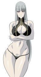 bare_shoulders bikini blush breasts cleavage cleavage_cutout clothing crossed_arms erect_nipples erect_nipples_under_clothes female large_breasts lime_(pixiv1233996) lime_(purple_haze) long_hair midriff nipples_visible_through_clothing pale_skin perky_breasts pubic_hair red_eyes selvaria_bles silver_hair solo swimsuit valkyria_chronicles valkyria_chronicles_1