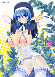 april_fools areola areolae blue_eyes blue_hair breastless_clothes breasts elbow_gloves eyeshadow garter_belt gloves highres ichirin_kumoi kirise_mitsuru lingerie nail_polish nipples nun panties pubic_hair puffy_nipples see-through side-tie_panties skindentation thighhighs touhou underwear