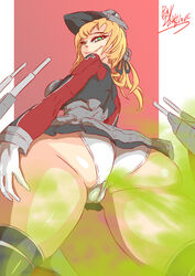 1girls big_ass big_butt blonde_hair fart fart_cloud fart_fetish farting green_eyes kantai_collection looking_at_viewer looking_back looking_down panties pervdarkling_(artist) prinz_eugen_(kantai_collection) shirt smile solo_female thick_thighs white_panties