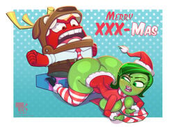 1boy 1girls all_fours anger_(inside_out) ass big_ass christmas disgust_(inside_out) disney female green_hair green_skin inside_out large_ass large_breasts makeup male pixar sex turk128