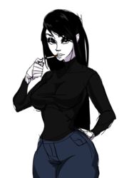 akarikihi big_breasts black_eyeshadow black_hair clothing eye_contact goth smoking thick_thighs veronica_(saltynoodles)