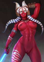 2021 abs alien_girl athletic_female attack_of_the_clones blue_lightsaber bracelet bracelets dark_background dark_eyes female female_focus female_only full_frontal_nudity hi_res jedi jedi_master lekku lightsaber lightsaber_hilt lucasfilm necklace nude paid_reward red_lips red_skin shaak_ti solo solo_female star_wars tattoo tattoos togruta weapon ynorka