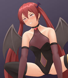 1girls alternate_costume bare_shoulders bare_thighs black_background breasts choker demon_girl earrings elbow_gloves fire_emblem fire_emblem_awakening gloves grin heart-shaped_pupils jehrald long_hair looking_down nintendo red_eyes red_hair severa_(fire_emblem) small_breasts smile solo squatting succubus thighs twintails very_long_hair