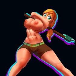 alex_(minecraft) axe belt bottomwear breasts casual clothing eathanontitan female human looking_at_viewer minecraft nipples pale_skin ponytail solo tagme thick_thighs topless weapon