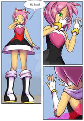 1girls amy_rose breast_expansion breasts clothing comic dialogue female female_only gigajule5 green_eyes humanized pink_hair sega short_hair solo solo_female sonic_(series) speech_bubble