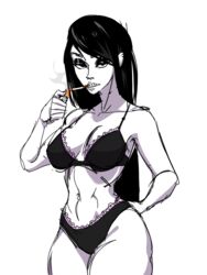 akarikihi belly_piercing big_breasts black_bra black_eyeshadow black_hair black_panties eye_contact goth lace-trimmed_bra lace-trimmed_panties lingerie smoking thick_thighs veronica_(saltynoodles)