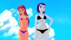 2girls 3d 3d_(artwork) bikini black_bikini black_swimsuit butts69420 clothed clothed_female clothes clothing dc dc_comics female female_only fully_clothed hi_res illusion_soft koikatsu purple_bikini purple_swimsuit raven_(dc) revealing_clothes starfire swimsuit teen_titans