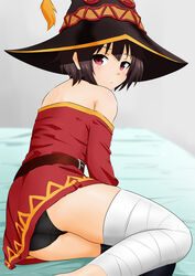 ass bandage bandaged_leg belt black_panties hat kono_subarashii_sekai_ni_shukufuku_wo! looking_at_viewer looking_back megumin panties red_dress red_eyes short_hair sirokohi tagme upskirt witch_hat