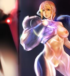 1girls armor arslood blonde_hair blonde_pubic_hair breasts e.m.m.i female female_protagonist invisibility_cloak metroid metroid_dread nintendo nipples power_suit pubic_hair samus_aran stealth transparent_clothing