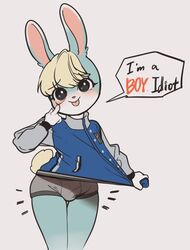 1boy :d :p animal_crossing animal_crossing_new_horizons anthro bulge bunny bunny_ears clothed clothing dialogue english_text femboy fur furry furry_only girly jersey male male_only nintendo rabbit sasha_(animal_crossing) solo tail text tongue tongue_out trap yuio