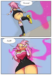 1girls amy_rose ass ass_expansion breast_expansion breasts butt_expansion cleavage clothing comic dialogue female female_only furry gigajule5 green_eyes huge_ass huge_breasts humanized pink_hair sega short_hair solo sonic_(series) speech_bubble thick_thighs wide_hips