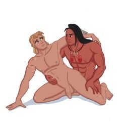 2boys abs anal anal_sex bara black_hair blonde_hair chest_tattoo dark-skinned_male dark_skin disney drawfag drawthread_request feathers flaccid flaccid_penis flaccid_while_penetrated gay gay_sex implied_penetration interracial john_smith kocoum male male_focus male_only melanin muscles muscular muscular_male naked necklace nude pecs pocahontas sex tattoo uncensored uncut white_background yaoi