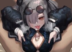 1boy arknights bear_ears breasts censored cum cum_on_body cum_on_breasts dark-skinned_male dark_skin ejaculation eyewear_on_head feater_(arknights) female grey_hair hair_over_one_eye highres huge_breasts large_breasts long_sleeves looking_at_viewer mosaic_censoring orange_eyes paizuri paizuri_under_clothes panda_ears penis pov projectile_cum solo_focus steam straight sunglasses suujiniku tongue tongue_out