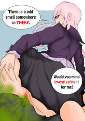 1boy 1girls anon anus asshole big_ass big_butt braid danganronpa facesitting fart fart_cloud fart_fetish farting farting_in_face grabbing_own_ass kirigiri_kyouko looking_back pervdarkling_(artist) pink_eyes pink_hair skirt smile straight_hair text text_bubble