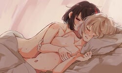 2girls aoba_moca bang_dream! black_hair breast_grab breasts closed_eyes completely_nude female female_only grabbing grey_hair highres human_only lesbian lying mitake_ran multicolored_hair multiple_girls nude nude_female on_bed pillow pillow_grab red_hair short_hair streaked_hair sweat yuri zawameki