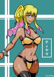 1girls bikini bleach blonde_hair bra bracelet choker collar dark-skinned_female dark_skin ganguro green_eyes gyaru multicolored_hair one_eye_closed panties pink_hair smile solo thighhighs tiyama traditional_media_(artwork) wink yayahara_yuyu