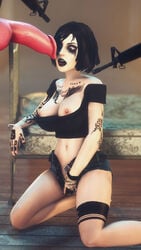 3d areolae assault_rifle big_breasts bioshock bioshock_infinite blue_eyes breasts busty demisak elizabeth_comstock female female_focus female_only fingering goth gun gunpoint hourglass_figure kneeling makeup nipples pale-skinned_female pale_skin rifle runny_makeup short_hair tagme tattoo wide_hips