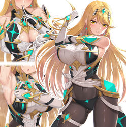 1girls abs big_breasts big_thighs blonde_hair blush breasts clothing female female_only long_hair mythra nintendo panels shirt_pull solo solo_female sssemiii super_smash_bros. super_smash_bros._ultimate xenoblade_(series) xenoblade_chronicles_2