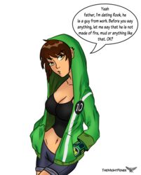 1girls ben_10 ben_10_ultimate_alien ben_tennyson big_breasts brown_hair cleavage denim_shorts earrings female female_ben female_focus female_only fully_clothed genderswap genderswap_(mtf) green_eyes hands_in_pockets hoodie hourglass_figure omnitrix parted_lips rule_63 shorts solo talking_to_another tank_top themightfenek transparent_background ultimatrix