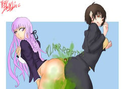 1boy 2girls big_ass big_butt braid brown_eyes brown_hair danganronpa fart fart_bukkake fart_cloud fart_fetish farting giantess kirigiri_kyouko looking_back no_panties pervdarkling_(artist) psycho-pass purple_eyes purple_hair short_hair straight_hair thick_thighs tsunemori_akane