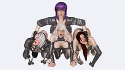 3d 4girls barmak brown_hair ciri crossover female female_only ghost_in_the_shell ghost_in_the_shell_stand_alone_complex kusanagi_motoko lara_croft lara_croft_(survivor) multiple_girls nier nier:_automata nier_(series) purple_hair short_hair the_witcher_(series) the_witcher_3:_wild_hunt tomb_raider white_hair yorha_2b yuri